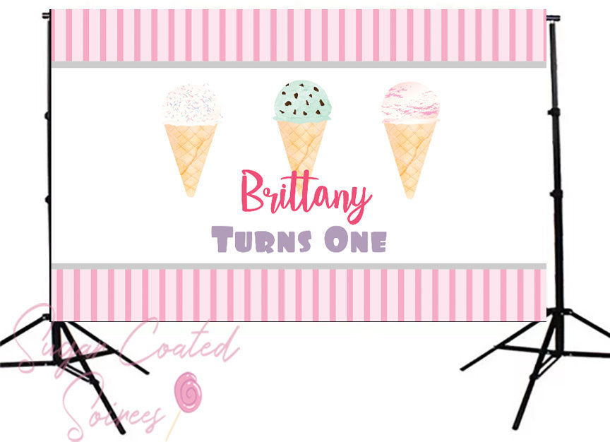 Printed Pink Ice Cream Backdrop, Ice Cream Party, Ice Cream birthday, Sweets Personalized Birthday Party Vinyl Backdrop 3x5ft  5x7ft 8x10ft