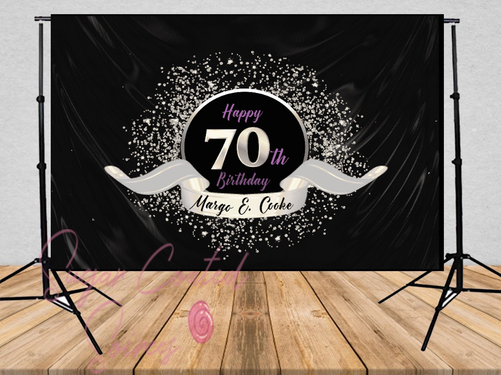 PRINTED 70th  Birthday backdrop. Silver Black backdrop, Gold Glitter Backdrop, 50th birthday, 60th birthday, 80th birthday, black backdrop