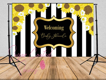 Printed Sunflower Backdrop, Black and white striped, babyshower backdrop,  floral backdrop Birthday Vinyl Backdrop 3x5ft  5x7ft 8x10ft
