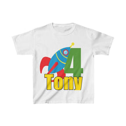 Personalized Rocket Ship Outer Space Theme Kids Birthday Party Heavy Youth Cotton Tee, Multiple Colors