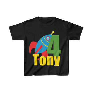 Personalized Rocket Ship Outer Space Theme Kids Birthday Party Heavy Youth Cotton Tee, Multiple Colors