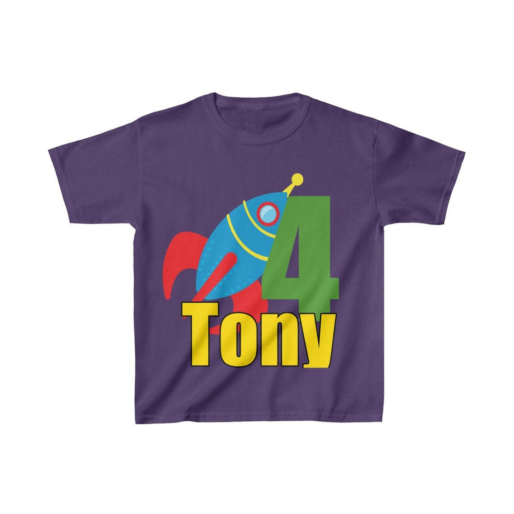 Personalized Rocket Ship Outer Space Theme Kids Birthday Party Heavy Youth Cotton Tee, Multiple Colors