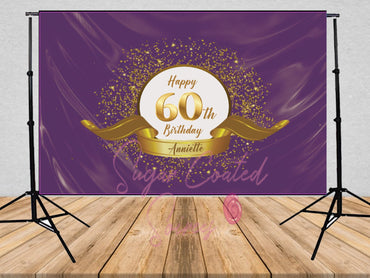 PRINTED 60th Birthday backdrop. Purple and Gold backdrop, Gold Glitter Backdrop, 50th, 60th birthday, 80th birthday, Purple backdrop