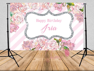 Printed Pink Rose Birthday backdrop, Floral backdrop, Pink backdrop, Birthday banner, Birthday decorations, Vinyl Backdrop