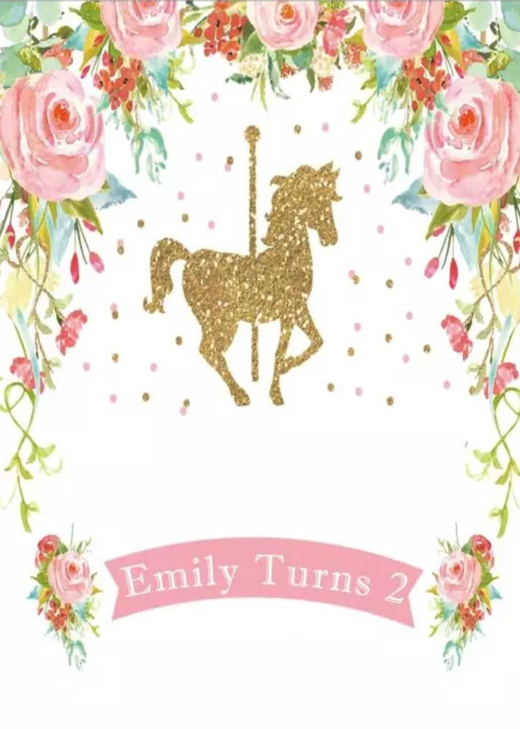 Printed Gold Carousel Backdrop, Carousel Party, Carousel Birthday Backdrop,  Personalized Birthday Party Vinyl Backdrop 3x5ft  5x7ft 8x10