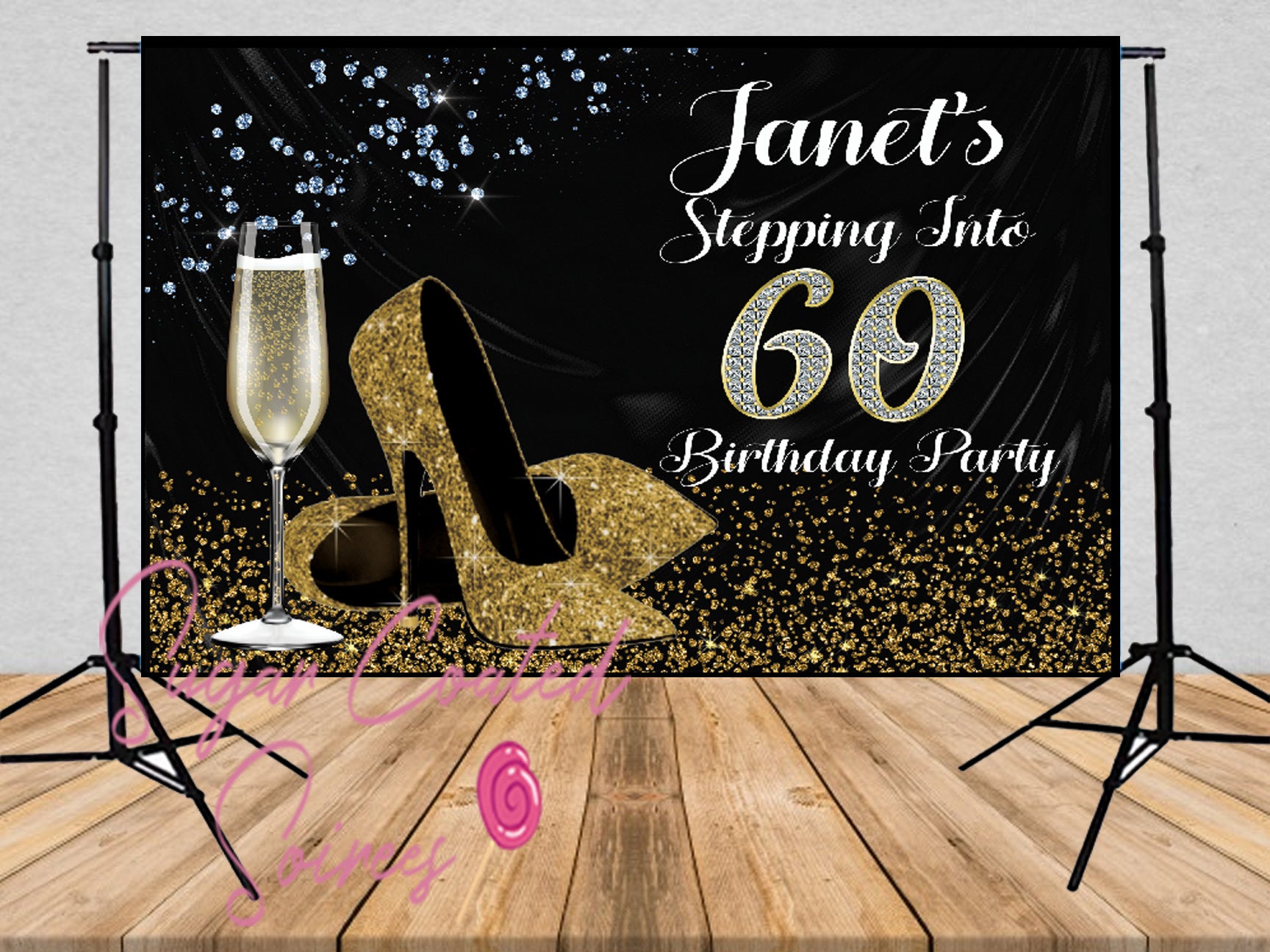 Printed 60th Gold Heels Backdrop, 60th Birthday,Bling backdrop, Diamond Backdrop, Gold Glitter, Personalized Vinyl Backdrop