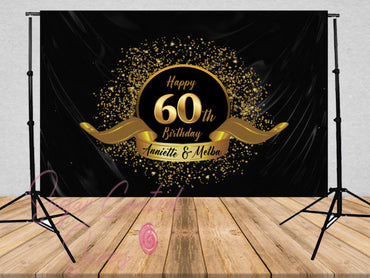 PRINTED 60th Birthday backdrop. Gold Black backdrop, Gold Glitter Backdrop, 50th birthday, 70th birthday, 80th birthday, black backdrop