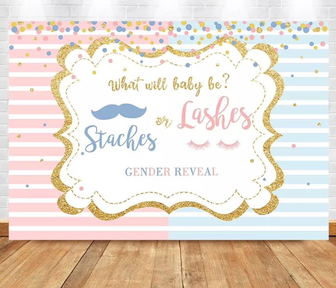 Printed Gender Reveal backdrop, Staches or Lashes gender reveal babyshower, gender reveal party, gender reveal backdrop, vinyl backdrop