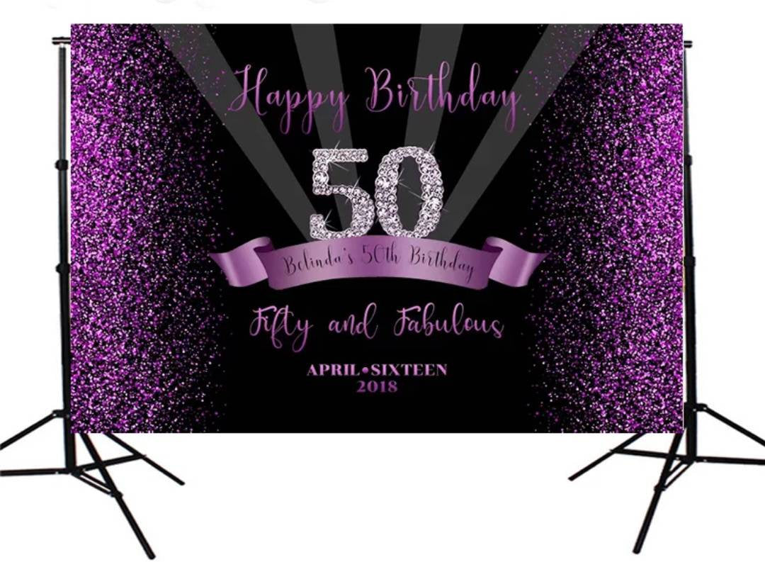 PRINTED 50th Birthday backdrop. Purple and Black backdrop, Purple Glitter Backdrop, 50th, 60th birthday, 80th birthday, Purple backdrop