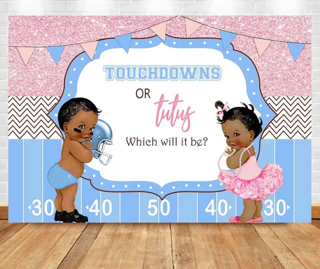 Printed Gender Reveal backdrop, Touchdowns Tutus gender reveal babyshower, Football gender reveal party, Sports gender reveal backdrop